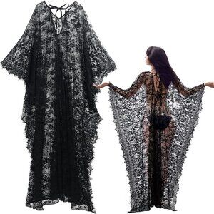 Witch Lace Kimono Kaftan Dress Robe Bikini Swimsuit Beach Cover up for Women